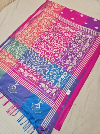 Fuchsia Pink Multi-Color Blended Bangalore Silk Saree with Handcrafted 3D Kantha Stitch Medallion Pallu