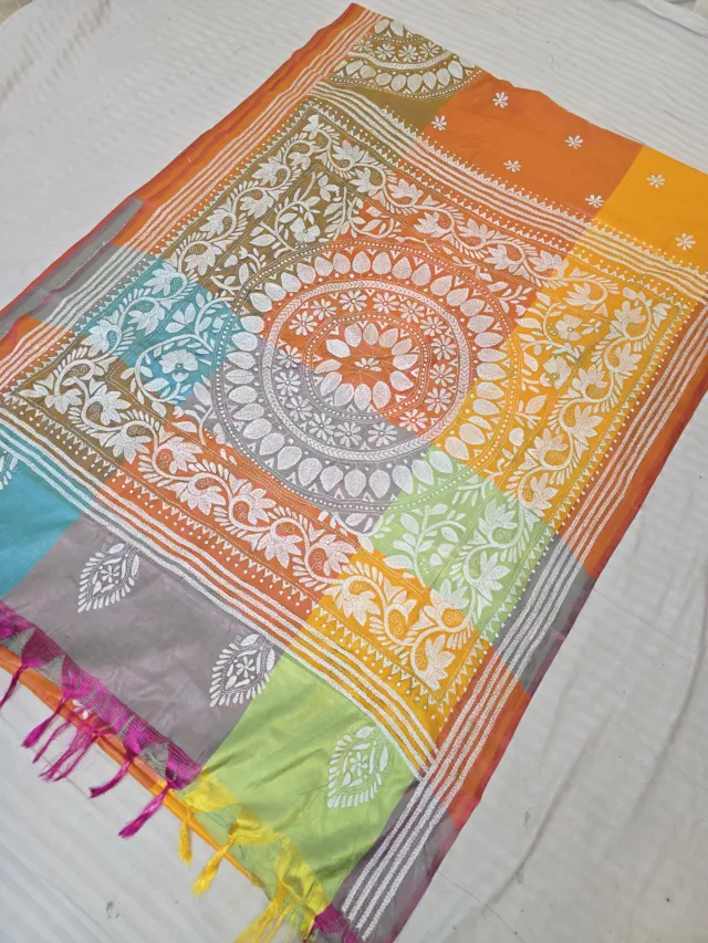 Marigold Orange Multi-Color Blended Bangalore Silk Saree with Handcrafted 3D Kantha Stitch Mandala Pallu