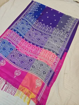 Royal Violet Multi-Color Blended Bangalore Silk Saree with Handcrafted 3D Gujarati Stitch Arched Pallu