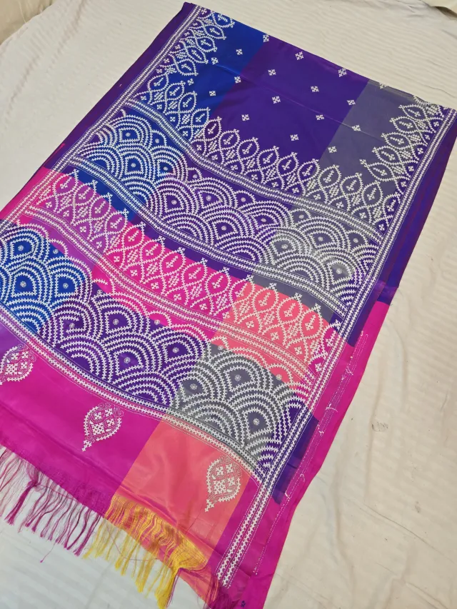Royal Violet Multi-Color Blended Bangalore Silk Saree with Handcrafted 3D Gujarati Stitch Arched Pallu