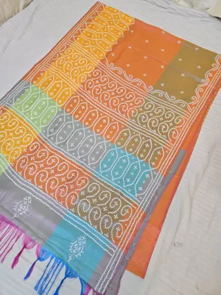 Marigold Orange Multi-Color Blended Bangalore Silk Saree with Handcrafted 3D Gujarati Stitch Geometric Pallu