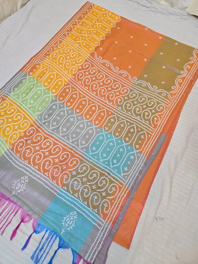 Marigold Orange Multi-Color Blended Bangalore Silk Saree with Handcrafted 3D Gujarati Stitch Geometric Pallu