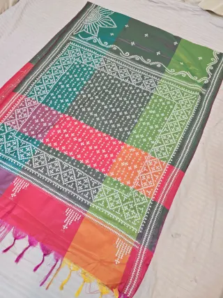 Forest Bottle Green Multi-Color Blended Bangalore Silk Saree with Handcrafted 3D Gujarati Stitch Geometric Pallu