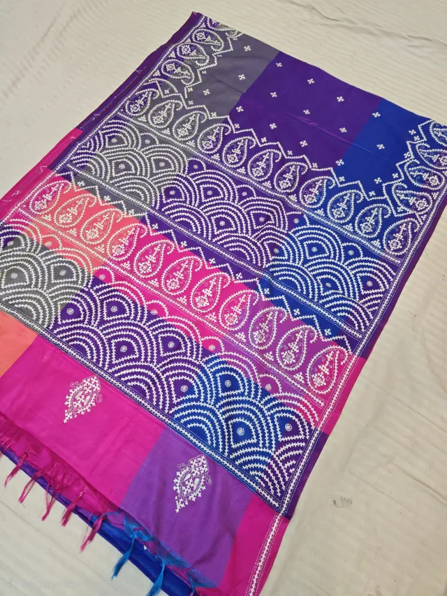 Royal Violet Multi-Color Blended Bangalore Silk Saree with Handcrafted 3D Gujarati Stitch Kalka & Arch Pallu