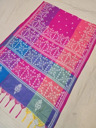 Fuchsia Pink Multi-Color Blended Bangalore Silk Saree with Handcrafted 3D Gujarati Stitch Star Mandala Pallu