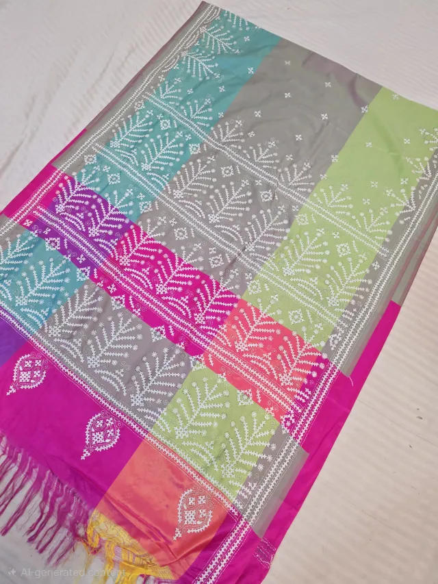 Dove Grey Multi-Color Blended Bangalore Silk Saree with Handcrafted 3D Gujarati Stitch Tree of Life Pallu