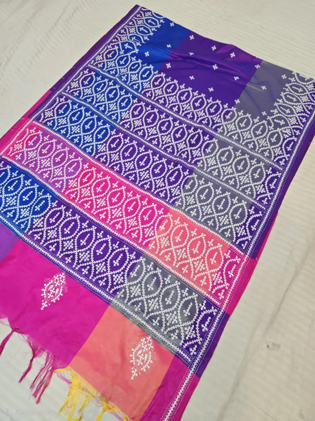 Royal Violet Multi-Color Blended Bangalore Silk Saree with Handcrafted 3D Gujarati Stitch Geometric Pallu