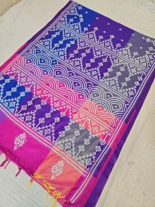 Royal Violet Multi-Color Blended Bangalore Silk Saree with Handcrafted 3D Gujarati Stitch Arch & Lattice Pallu