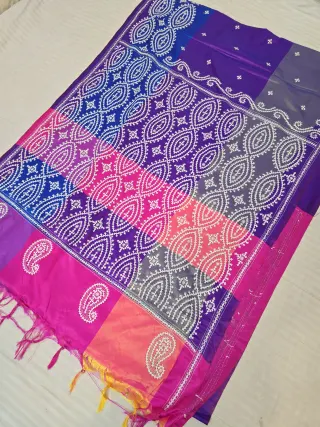 Royal Violet Multi-Color Blended Bangalore Silk Saree with Handcrafted 3D Gujarati Stitch Oval Lattice Pallu