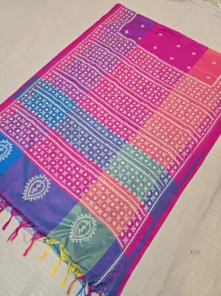 Fuchsia Pink Multi-Color Blended Bangalore Silk Saree with Handcrafted 3D Gujarati Stitch Lattice Pallu