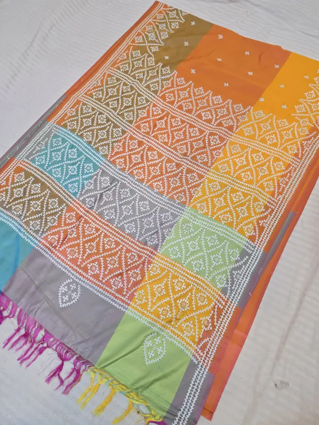 Marigold Orange Multi-Color Blended Bangalore Silk Saree with Handcrafted 3D Gujarati Stitch Diamond Lattice Pallu