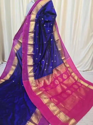 Royal Sapphire Blue Pure Kanjivaram Silk Saree with Rani Pink Contrast Gold Zari Brocade Pallu