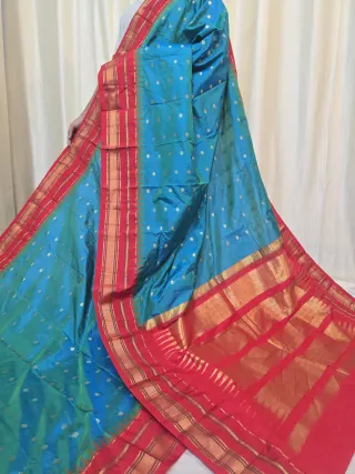Turquoise Blue Pure Kanjivaram Silk Saree with Scarlet Red Contrast Gold Zari Reku Pallu