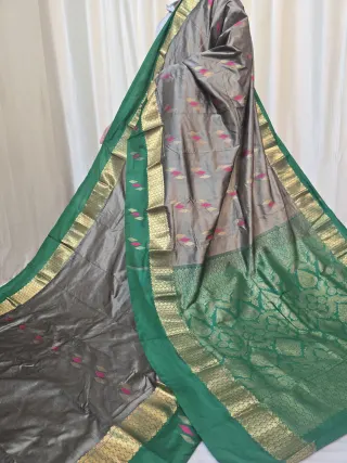 Taupe Grey Pure Kanjivaram Silk Saree with Emerald Green Contrast Gold Zari Brocade Pallu