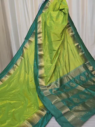 Parrot Green Pure Kanjivaram Silk Saree with Teal Green Contrast Gold Zari Brocade Pallu