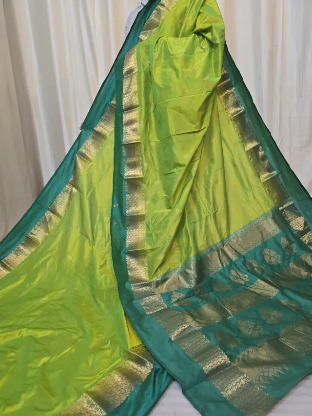 Parrot Green Pure Kanjivaram Silk Saree with Teal Green Contrast Gold Zari Brocade Pallu