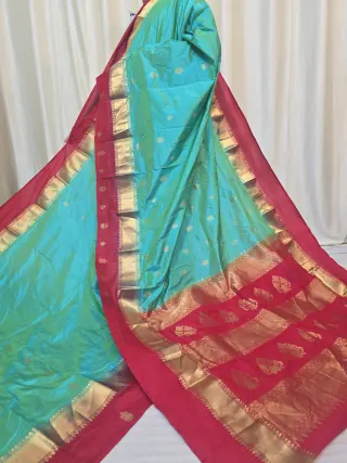 Seafoam Sky Blue Pure Kanjivaram Silk Saree with Scarlet Red Contrast Gold Zari Brocade Pallu