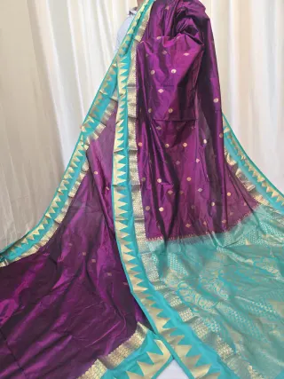 Plum Purple Pure Kanjivaram Silk Saree with Sea Green Contrast Gold Zari Brocade Pallu
