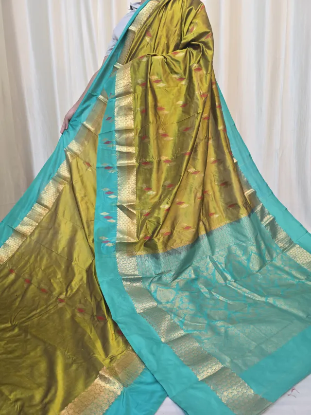 Mustard Yellow Pure Kanjivaram Silk Saree with Sea Green Contrast Gold Zari Brocade Pallu