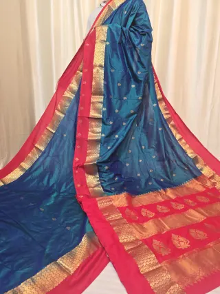 Peacock Teal Blue Pure Kanjivaram Silk Saree with Scarlet Red Contrast Gold Zari Brocade Pallu