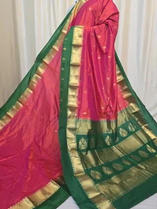 Rani Pink Pure Kanjivaram Silk Saree with Emerald Green Contrast Gold Zari Brocade Pallu
