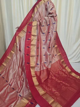 Rose Gold Peach Pure Kanjivaram Silk Saree with Scarlet Red Contrast Gold Zari Brocade Pallu