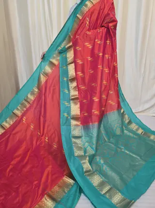 Peach Red Pure Kanjivaram Silk Saree with Sea Green Contrast Gold Zari Brocade Pallu