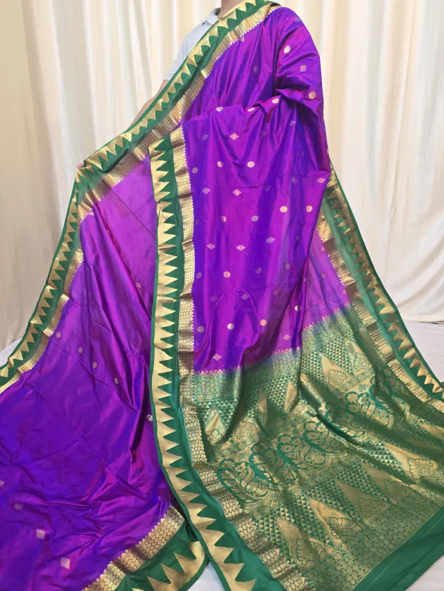 Imperial Purple Pure Kanjivaram Silk Saree with Emerald Green Contrast Gold Zari Brocade Pallu