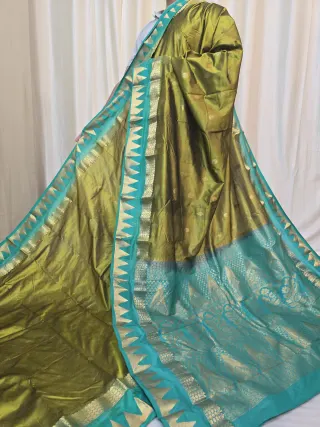 Olive Green Pure Kanjivaram Silk Saree with Turquoise Aqua Contrast Gold Zari Brocade Pallu