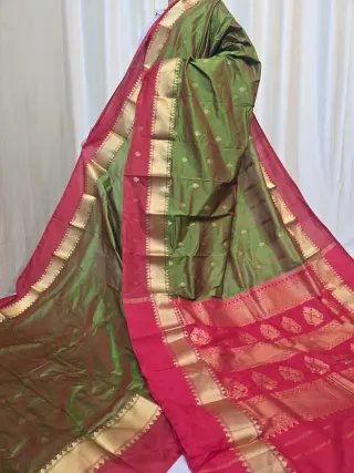 Olive Green Pure Kanjivaram Silk Saree with Scarlet Red Contrast Gold Zari Brocade Pallu
