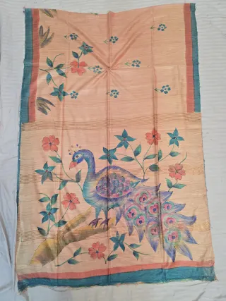 Natural Peach Pure Ghicha Tussar Silk Saree with Hand-Painted Peacock & Floral Pallu