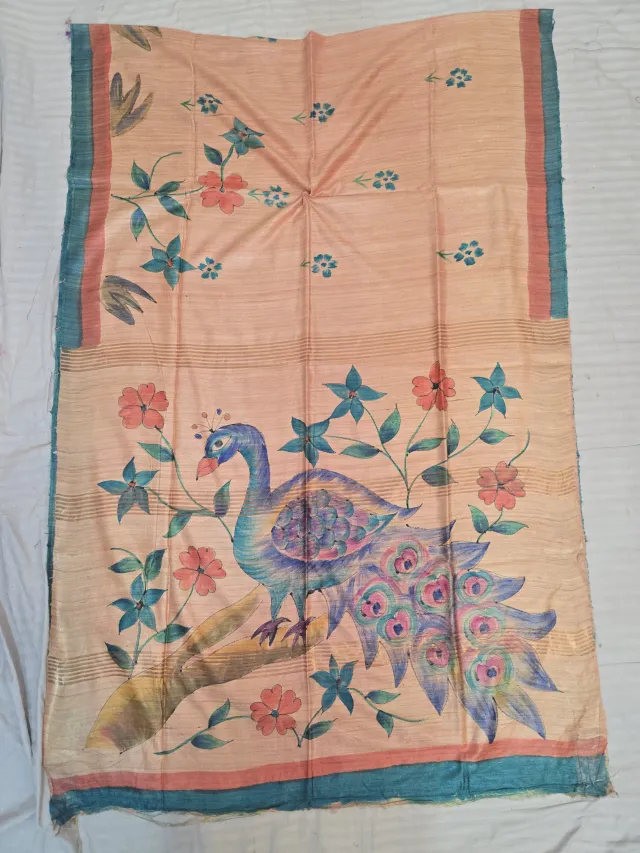 Natural Peach Pure Ghicha Tussar Silk Saree with Hand-Painted Peacock & Floral Pallu