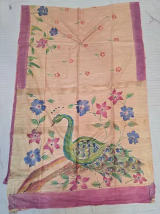 Natural Peach Pure Ghicha Tussar Silk Saree with Mauve-Magenta Border & Hand-Painted Peacock Pallu