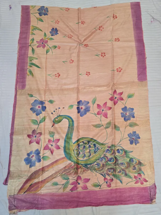 Natural Peach Pure Ghicha Tussar Silk Saree with Mauve-Magenta Border & Hand-Painted Peacock Pallu