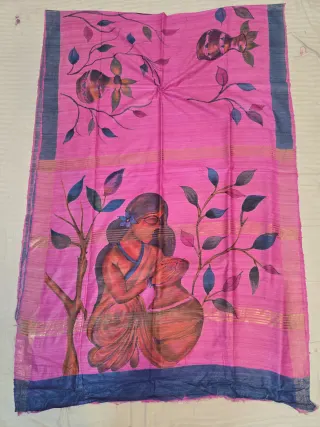 Rose Pink Pure Ghicha Tussar Silk Saree with Navy Blue Border & Hand-Painted Village Belle Pallu