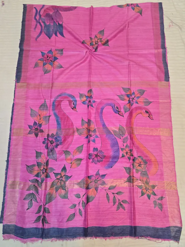 Rose Pink Pure Ghicha Tussar Silk Saree with Navy Blue Border & Hand-Painted Swan Trio Pallu