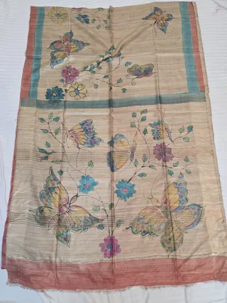 Natural Beige Pure Ghicha Tussar Silk Saree with Dual Border & Hand-Painted Butterfly Garden Pallu