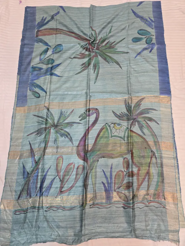 Slate Pure Ghicha Tussar Silk Saree with Indigo Blue Border & Hand-Painted Desert Camel Pallu