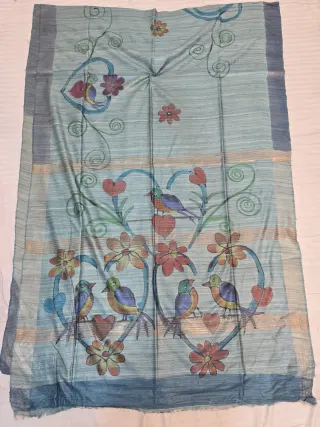 Slate Aqua Pure Ghicha Tussar Silk Saree with Indigo Blue Border & Hand-Painted Love Birds Pallu