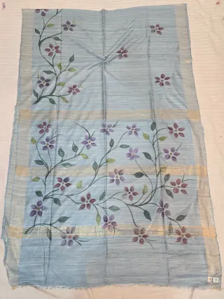 Powder Blue Pure Ghicha Tussar Silk Saree with Hand-Painted Mauve Floral Vine Pallu