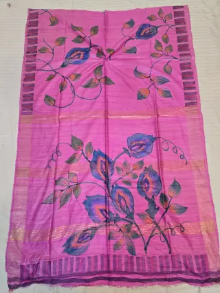 Rose Pink Pure Ghicha Tussar Silk Saree with Striped Border & Hand-Painted Botanical Bloom Pallu
