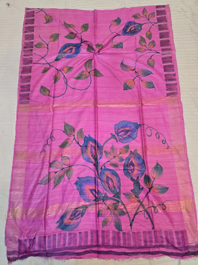 Rose Pink Pure Ghicha Tussar Silk Saree with Striped Border & Hand-Painted Botanical Bloom Pallu