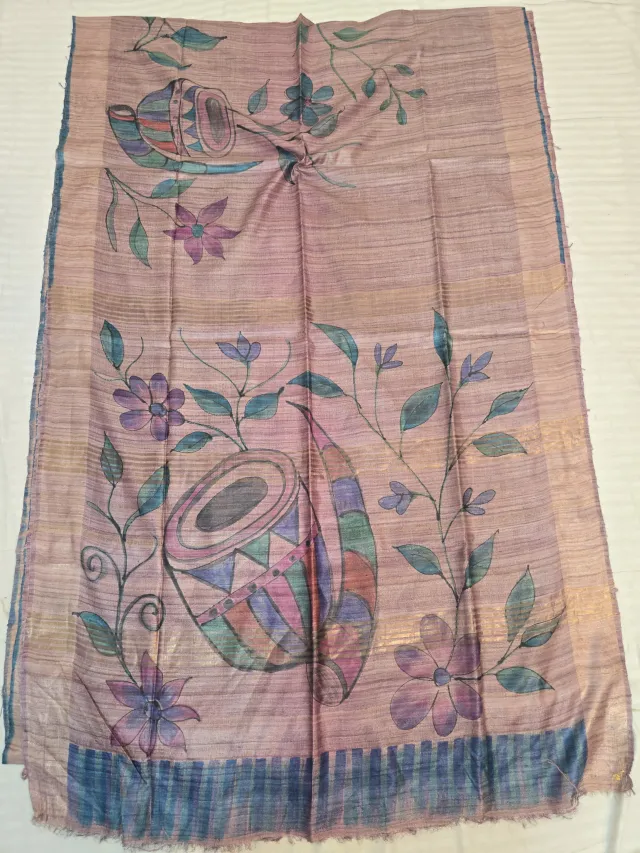 Mauve Rose Pure Ghicha Tussar Silk Saree with Teal Blue Border & Hand-Painted Tribal Musical Pallu