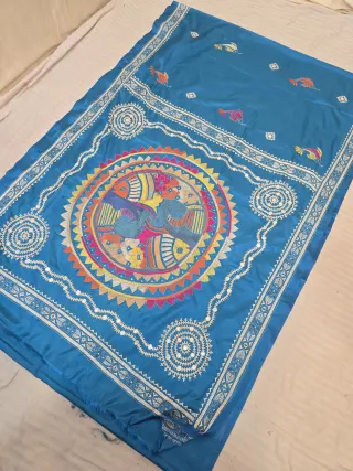 Peacock Blue Blended Bangalore Silk Saree with Handcrafted Fusion Kantha Stitch Fish Mandala Pallu