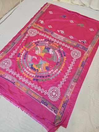 Rani Pink Blended Bangalore Silk Saree with Handcrafted Fusion Kantha Stitch Fish Mandala Pallu