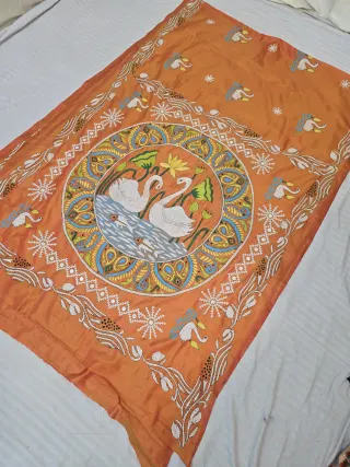 Marigold Orange Blended Bangalore Silk Saree with Handcrafted Fusion Kantha Stitch Swan Pond Mandala Pallu