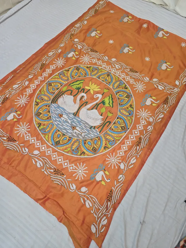 Marigold Orange Blended Bangalore Silk Saree with Handcrafted Fusion Kantha Stitch Swan Pond Mandala Pallu