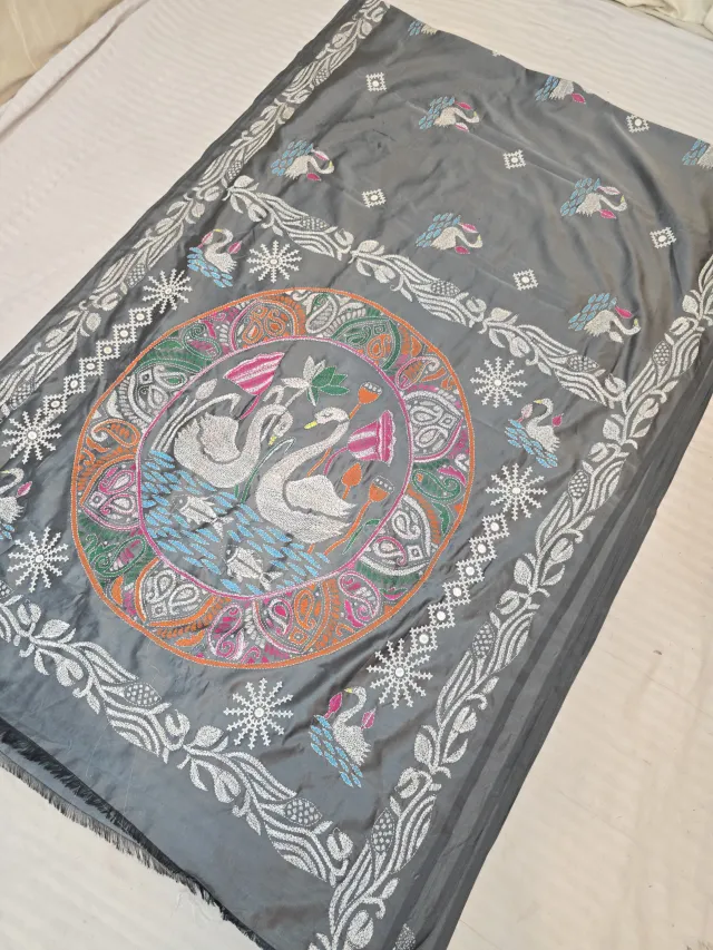 Slate Grey Blended Bangalore Silk Saree with Handcrafted Fusion Kantha Stitch Swan Pond Mandala Pallu