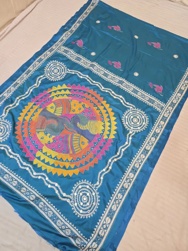 Teal Blue Blended Bangalore Silk Saree with Handcrafted Fusion Kantha Stitch Fish Mandala Pallu