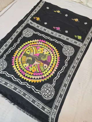 Jet Black Blended Bangalore Silk Saree with Handcrafted Fusion Kantha Stitch Fish Mandala Pallu